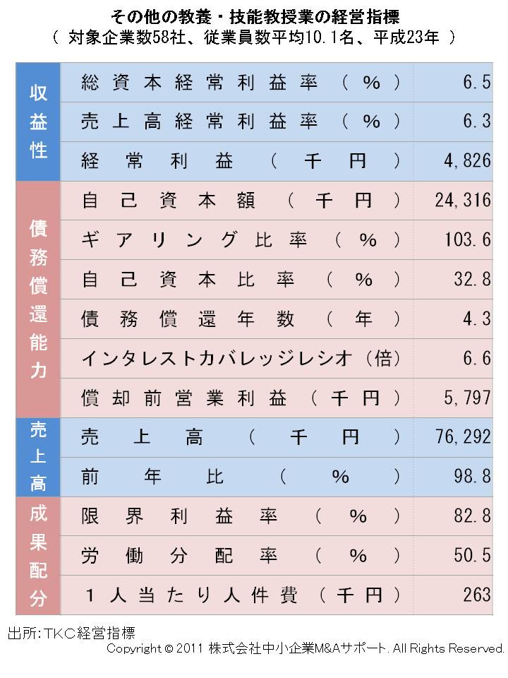 その他の教養・技能教授業の経営指標